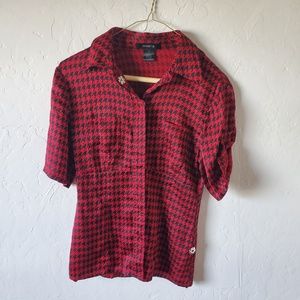 Arden B Red Houndstooth Button Up Top